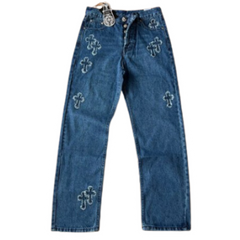 Chrome Hearts Staight Leg Denim Blue Pants With Rough Edges Cross