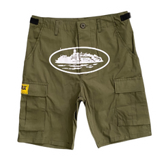 Corteiz Guerrilla Work Shorts Olive Green White