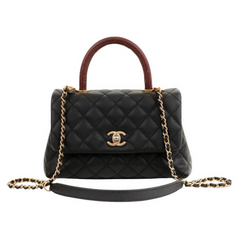 Chanel Flap Bag Top Brown Handle Quilted Grained Calfskin