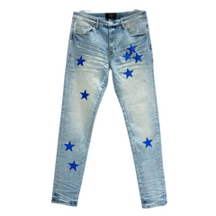Amiri Blue Stars Print Ripped Jeans