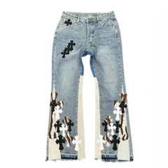 Chrome Hearts Stacked Crosses Flared Jeans Blue & White