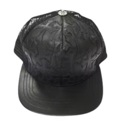 Chrome Hearts Cemetery Cross Leather Stitched Trucker Hat Black