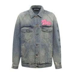 Palm Angels Pink Writing Jeans Jacket Blue