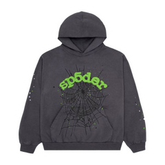 Sp5der Green Writing Hoodie Grey