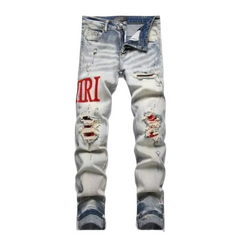 Amiri Ripped Red Print Jeans Blue